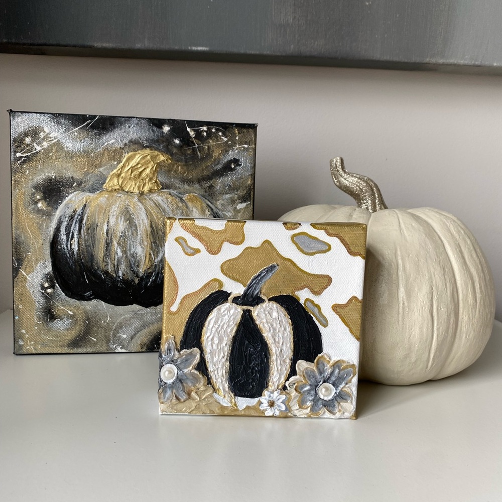 Black and Gold Pumpkin Canvas Art 8”x8” - Picture 4 of 4